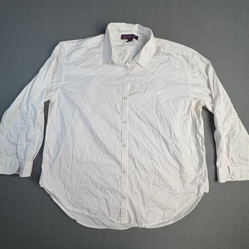 Gloria Vanderbilt Womens Large White Long Sleeve Button Down Shirt Swan Logo